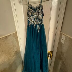 Teal Embellished  Strapless  Gown